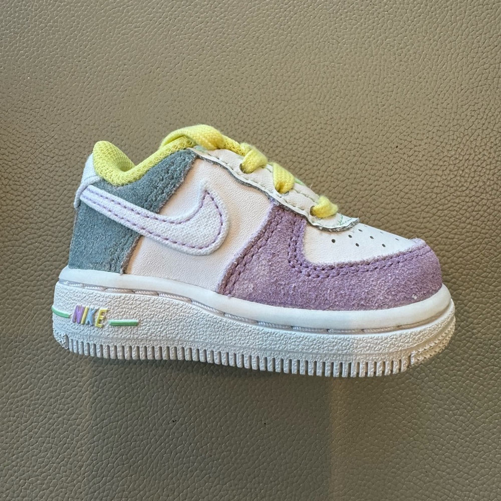 Nike Air Force 1 sneakers, baby size 2, White, lavender, aqua, yellow.